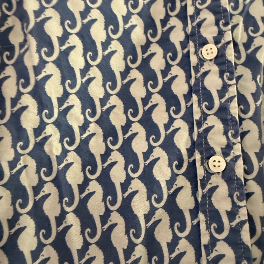 J. Crew Factory Blue and White Seahorse Print Button Up
